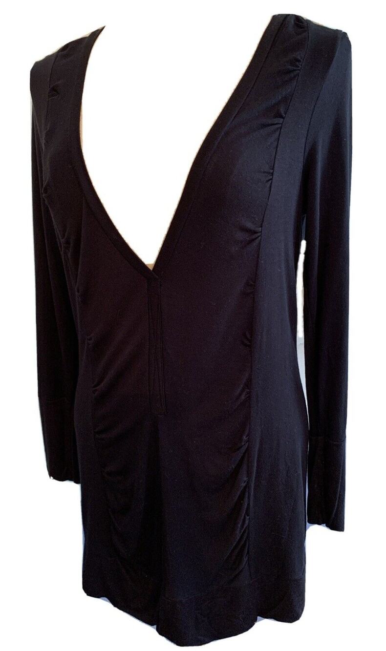 Small Bisou Bisou Soft Oversize Black V-Neck Womens Shirt Long Sleeve Tunic